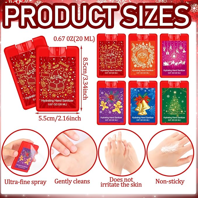 Dansib 24 Pcs Christmas Hand Sanitizer Spray Bulk Red Xmas Hydrating Hand Sanitizers Spray Travel Size Refillable Sanitizer Gift for Women Coworker Christmas Party Favors Treat Goodie Bags Stuffers