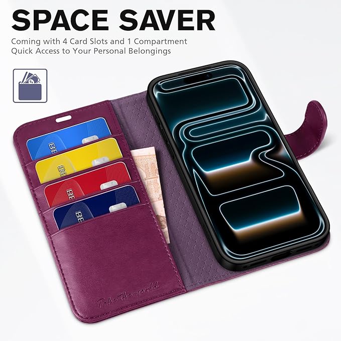 TUCCH Wallet Case for iPhone 17 Pro (6.3") 2025, RFID Blocking 4 Card Holders | Kickstand | Shockproof TPU Shell | PU Leather | Magnetic Closure | Protective Flip Folio Cover | Plum Purple