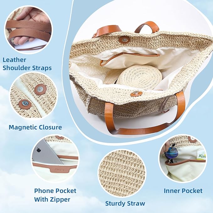 miss fong Summer Beach Bag, Beach Bags for Women,Straw Bag Straw Beach Bag Handmade Woven Tote Bag for Holiday Beach Trips