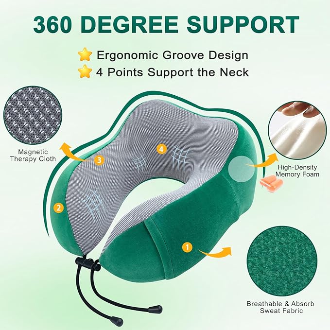 Travel Pillow and Blanket Set Neck Pillows Travel Essentials with Sleep Mask for Airplane Car Memory Foam Green