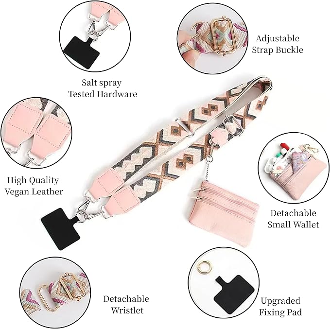 Crossbody Body Phone Holder for Women, New Phone Strap with Zippered Pouch, Adjustable Crossbody Strap (Pink)