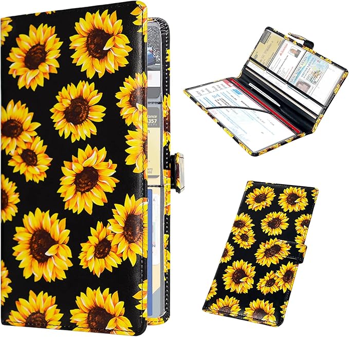 RSAquar Car Registration & Insurance Holder - Leather Glove Box Organizer, Cool Accessories for ID, Driver's License Cards & Essential Documents, Men & Women, Sunflower