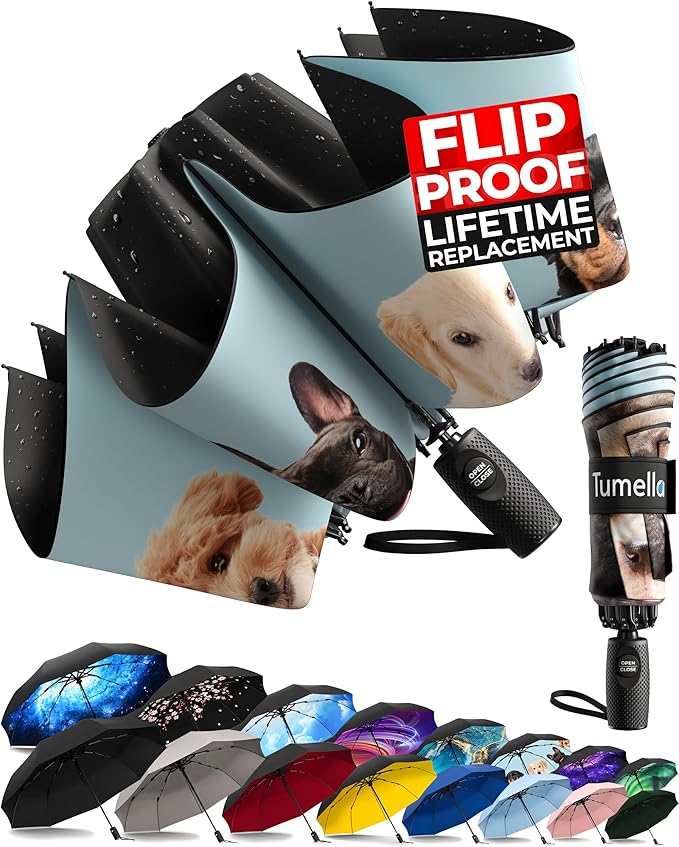 TUMELLA Flip-proof Inverted Travel Umbrella, Small Strong but Light Portable and Automatic Reverse Folding Rain Umbrella, Durable Premium Grip, Fits Car & Backpack