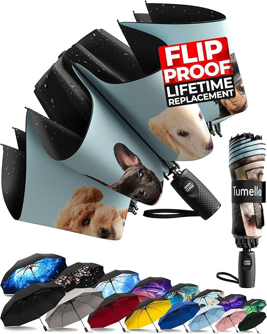 TUMELLA Flip-proof Inverted Travel Umbrella, Small Strong but Light Portable and Automatic Reverse Folding Rain Umbrella, Durable Premium Grip, Fits Car & Backpack