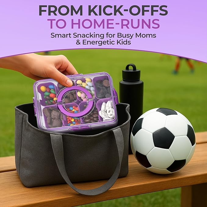 Snackle Box Container with Lid- Travel Charcuterie Box with Handle - Organizer for Candy, Fruit, Nuts, Veggies, Snacks, Beach Essentials, Portable Lunch Box (Purple, Large)