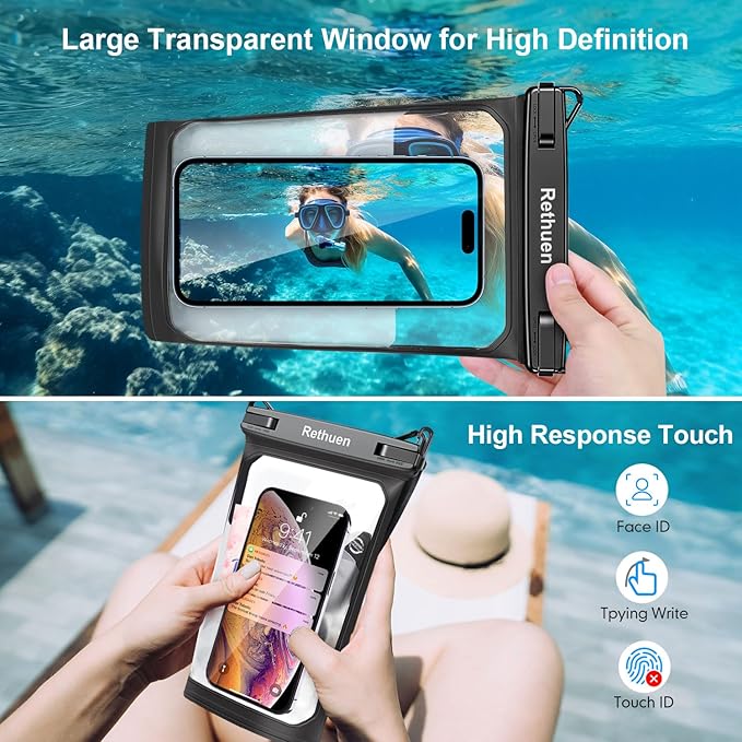 Large Waterproof Phone Pouch, 2Pack Floating Waterproof Bag for iPhone 17 16 15 14 13 Pro Max Galaxy S24 S23 S22 All Phones, Cell Phone Dry Bag for Beach Swimming Rafting Boating (Black + Black)