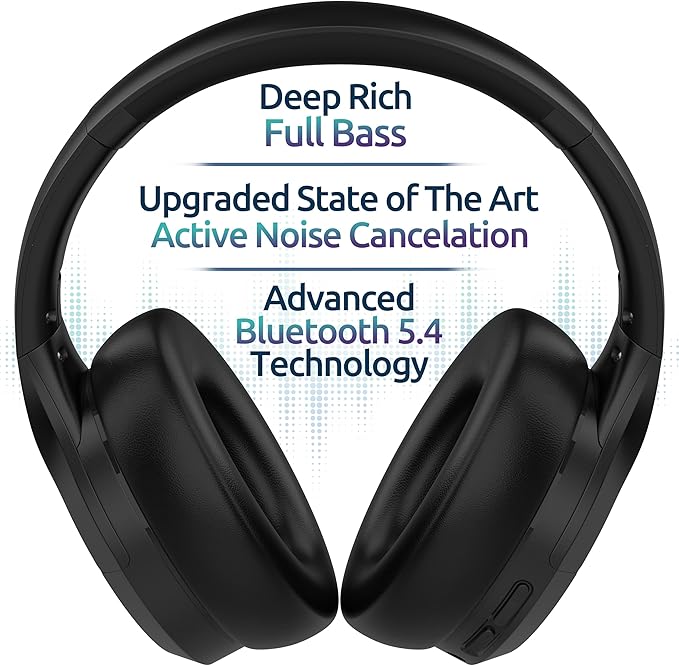 Active Noise Cancelling Headphones, Bluetooth Over Ear, Hi-Fi Stereo,100H Playback Time, High-Resolution Audio, Water Resistant, Deep Bass, Memory Foam Ear Cups, Home, Office, Studio,Travel, Work, Gym