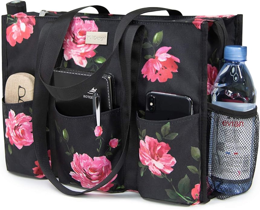 TOPDesign Utility Water Resistant Tote Bag with 13 Pockets, Top Zipper Closure & Thick Bottom Support, for Working Women
