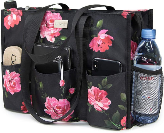 TOPDesign Utility Water Resistant Tote Bag with 13 Pockets, Top Zipper Closure & Thick Bottom Support, for Working Women