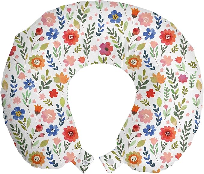 Ambesonne Watercolor Travel Pillow Neck Rest, Floral Patterned Illustration Leaves and Wildflowers Abstract Botanical, Memory Foam Traveling Accessory for Airplane and Car, 12", Violet Blue