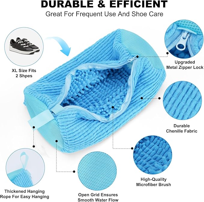 Shoe Washing Machine Bag - Laundry Shoe Bag (2-Pack) Includes 3 Laundry Bags, Reusable, Washer & Dryer Safe, 360° Deep Cleaning for All Shoe Types, Self-Locking Zipper(Blue)