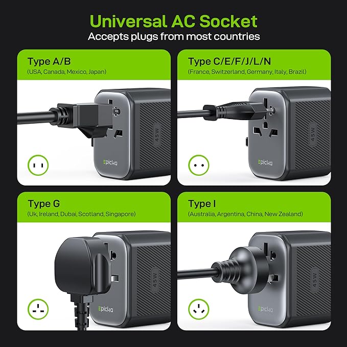 EPICKA Pulse 45W European Travel Plug Adapter, Universal Power Adapter with PD Fast Charging, 5-Port (1 AC/2 USB-A/2 USB-C) International Charger Adapter for Europe, Japan - Travel Essentials (Black)