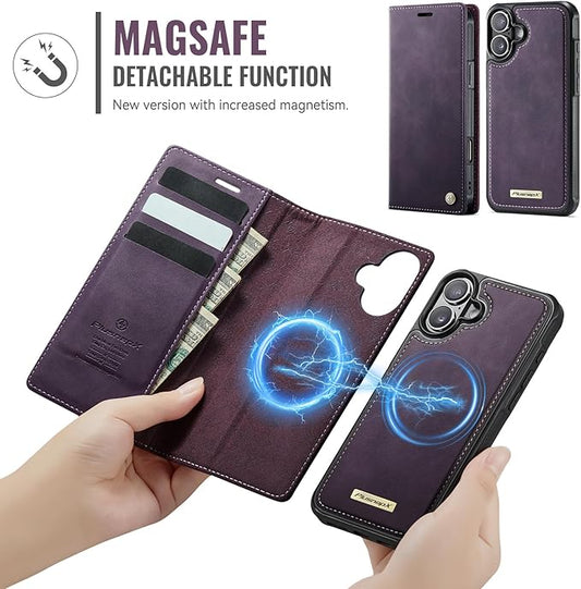PlusnapX Wallet Case for iPhone 17 Compatible with Magsafe, 2-in-1 PU Leather Flip RFID Blocking Card Holder Stand Shockproof Magnetic Detachable Cover for iPhone 17 Case 6.3", Retro Purple