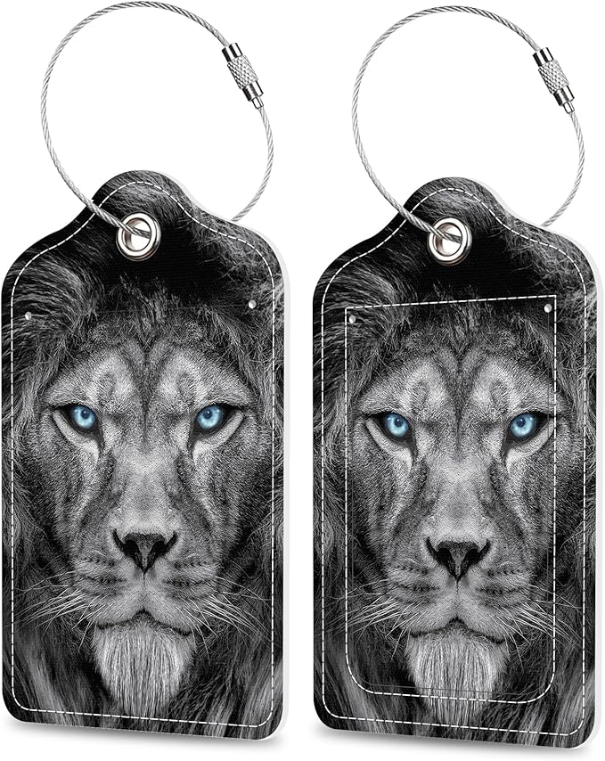 Set of 2 Luggage Tags Fierce Lion with Glowing Blue Eyes Leather Suitcases Tag with Privacy Cover Stainless Steel Loop and Address Card for Women Men Travel
