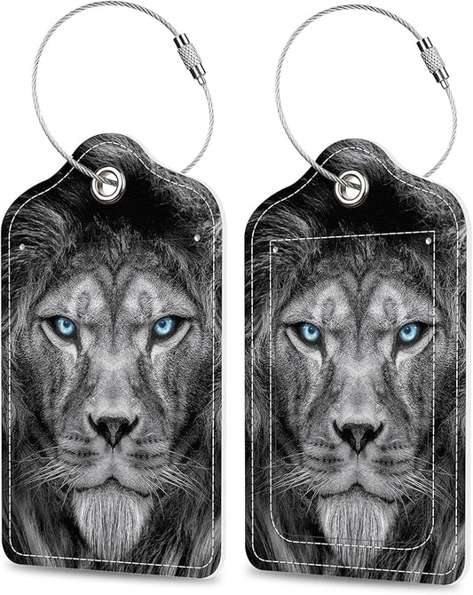 Set of 2 Luggage Tags Fierce Lion with Glowing Blue Eyes Leather Suitcases Tag with Privacy Cover Stainless Steel Loop and Address Card for Women Men Travel