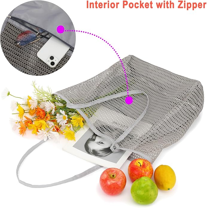 Mesh Beach Bag for Women, Casual Hobo Bags Large Beach Tote for Pool Travel Cruise Vacation Essentials