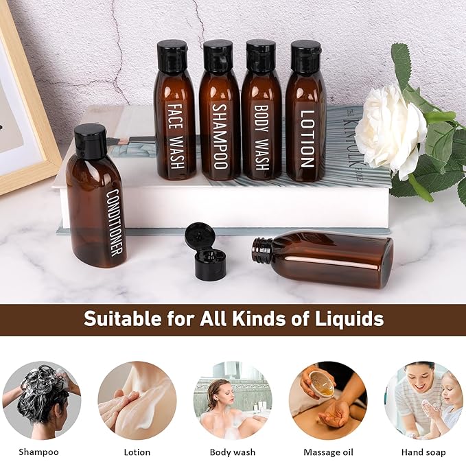 Travel Bottles for Toiletries 6 PCS 3.4oz/100ml Travel Size Containers Plastic Lotion Bottle TSA Approved Leak Proof Squeeze Bottles with Flip Cap for Toiletries, Shampoo & Lotion (Brown)
