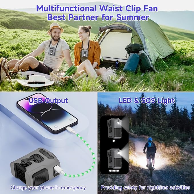 Portable Waist Fan with 5 Speeds, 16000RPM Strong Airflow, 10000mAh Rechargeable Hands-Free Neck Fan with Flashlight & SOS Mode, Wearable Clip Belt Fans for Camping Travel Jobsite Farms Fishing