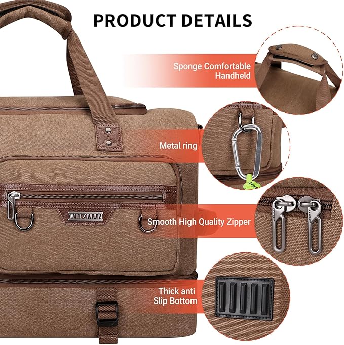 WITZMAN Canvas Weekender Bag Mens Overnight Bag for Traveling Carry on Duffle Bags with Shoes Compartment（A8010 Brown）