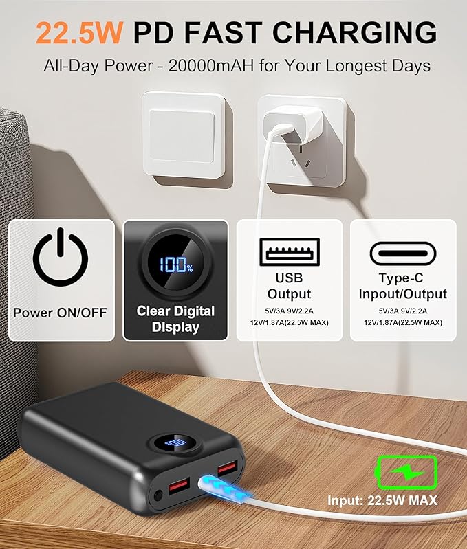 5V 20000mAh Heated Vest Battery Pack, Portable Battery Bank for Heated Jackets Hoodies, Phones, Camping Chair with Digital Screen（ NOT for DC 7.4V &12V