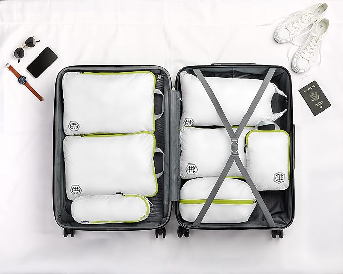 Large Compression Packing Cubes for Travel-Packing Cube Luggage Organizers 7 Piece Set for Checked Luggage-Ultralight, Expandable/Compression Bags by TRIPPED Travel Gear (White/Green)