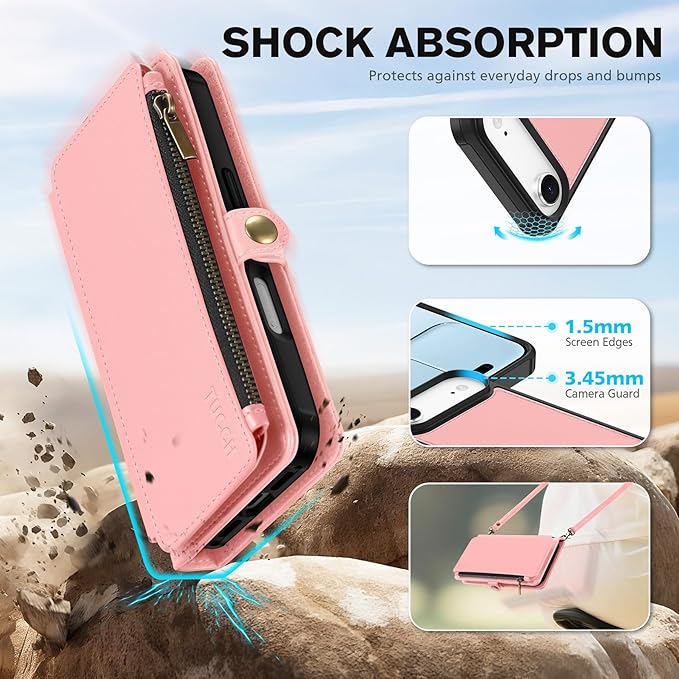 TUCCH Detachable Crossbody Wallet Case for iPhone Air 6.5", 9 Card Slots RFID Blocking | Stand | Lanyard Wrist Strap | Wireless Charging | Zipper Pocket | PU Leather Magnetic Flip Cover | Rose Gold