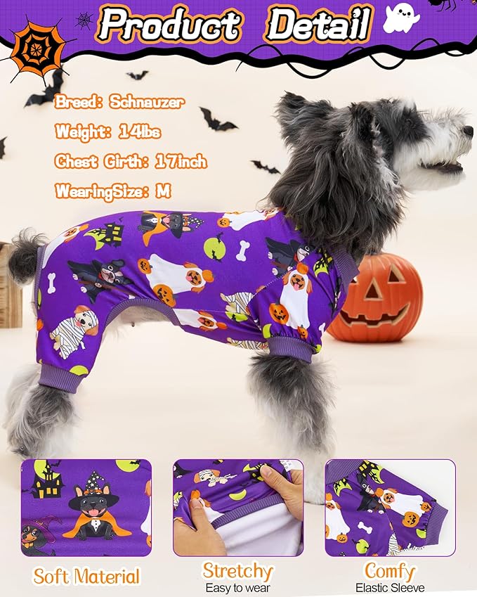 XPUDAC 4 Pack Halloween Dog Pajamas, Funny Ghost Halloween Costumes for Dogs, Soft Strechy Doggy Clothes for Small Medium Dogs Boy Girl, Pet Apparel, S