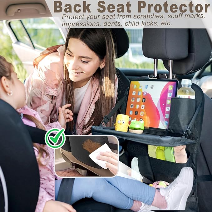 XDV Car Seat Organizers,Multi-functional Back Seat Protectors, Storage Pouches, Child kicking prevention and Tray Holders Kick Mats Back (for Cars, Kids,and Rear Seats) (Black, 2 Pack with Food Tray)