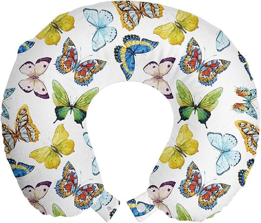 Ambesonne Butterfly Travel Pillow Neck Rest, Colorful Watercolor Animals with Numerous Different Designs and Elements, Memory Foam Traveling Accessory for Airplane and Car, 12", Yellow Blue