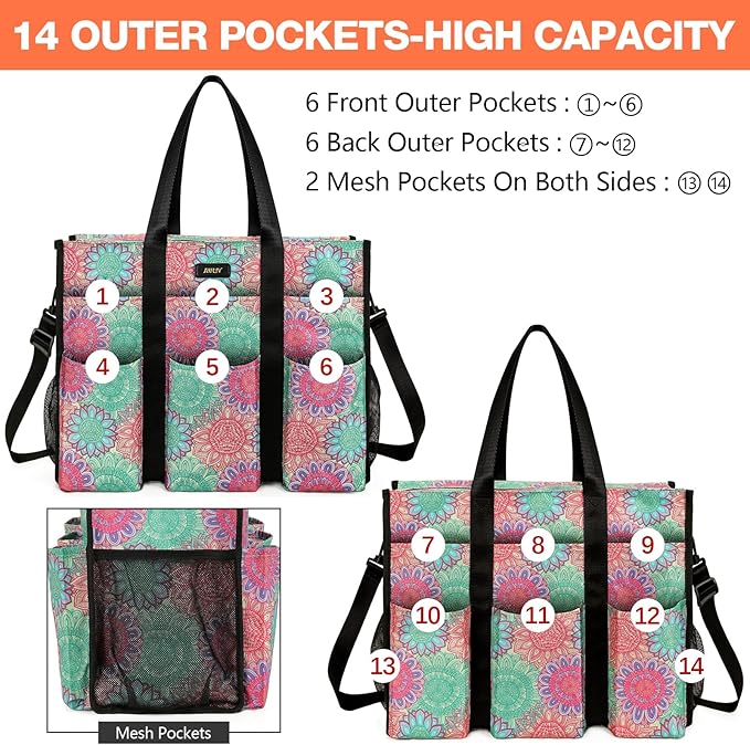 IBFUN Utility Tote Bag with 14/24 Pockets Zip Top Teacher Tote Bag for Teacher/Work Women