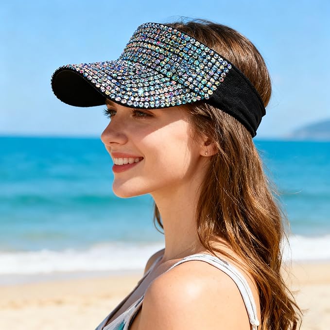 Bling Shiny Rhinestone Sports Sun Visor Hat for Women Summer Adjustable Breathable Beach Visor Caps Running Golf Sun Hat