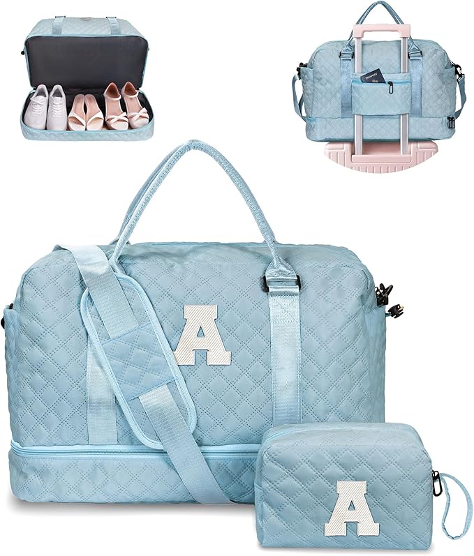 Vogewood Gifts for Kids-Initial Duffle Bag with Shoe Compartment, Personalized Girls Weekender Bag, Monogram Overnight Bag for Women, Letter Travel Bag with Makeup Bag，Gift for Women Friend (Letter A)