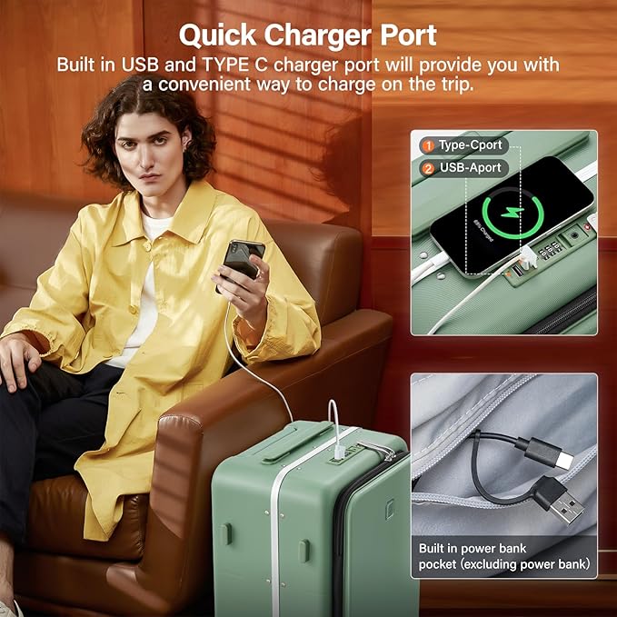 Hanke 28 Inch Luggage with Cup Holder and Charge,Top Opening Hard Shell Suitcases with Wheels and Dividers,Aluminum Frame Trunk Luggage Extra Large Suitcase with Lock for Travel,Forest Green