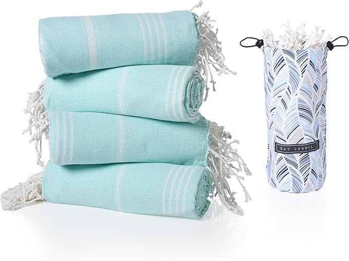 BAY LAUREL Turkish Beach Towel with Travel Bag 39 x 71 Quick Dry Sand Free Lightweight Large Oversized Towels Light - Pack of 4 (Pack of 4 - Aqua with Blue Floral Bag)