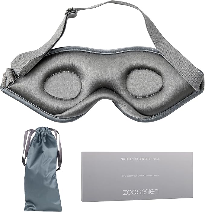 Sleep Mask Silk - 100% Mulberry Silk Eye Mask, ZOESMIEN 3D Contoured Eye Mask for Women Men, Light Blocking Side Sleeper Puffiness Dry Eyes, Unique Nose Bridge Design, Christmas Gift, Night Gray