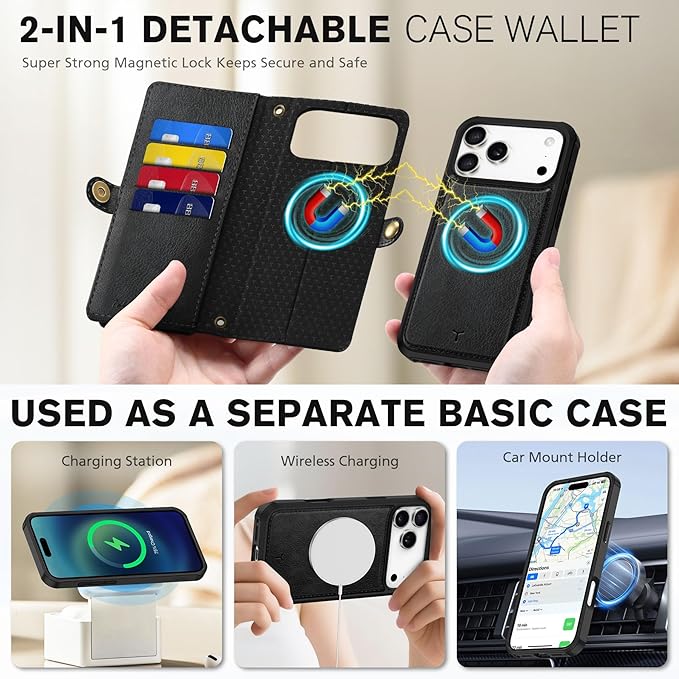 TUCCH Removable Crossbody Case Wallet for iPhone 17 Pro Max, 10 Card Slots RFID Blocking, Stand, Lanyard, Wrist Strap, Wireless Charging, Zipper Pocket, PU Leather, Magnetic Flip Cover, Textured Black