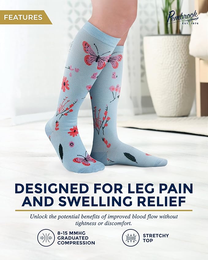 Pembrook Bamboo Viscose Light Compression Socks - 3 Pairs | 8-15 mmhg Compression Socks | Knee High Comfort Support Socks