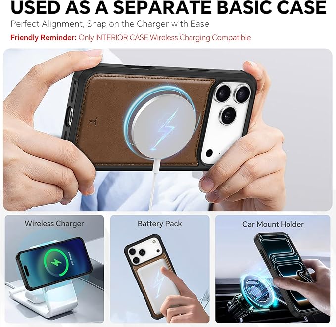 TUCCH Detachable Case Wallet for iPhone 17 Pro Max (6.9") 2025, Wrist Strap, 4 Card Holders RFID Blocking, Wireless Charging, Stand, 2-in-1 Magnetic, PU Leather, Shockproof Folio Cover, Brown