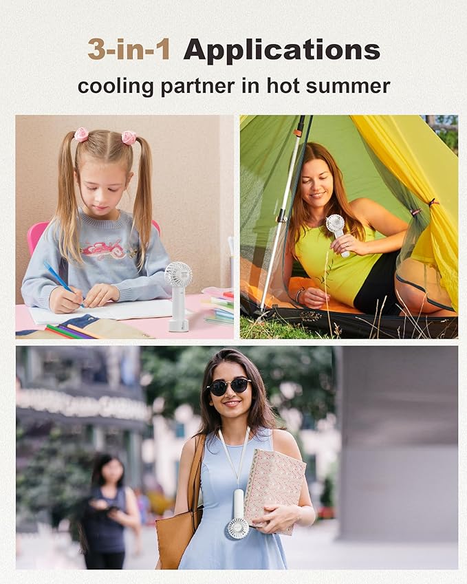 Coohea Mini Handheld Fan, Small Cute Design, 3 Powerful Speeds, USB Rechargeable Battery Operated, Personal Portable Fan with Base & Lanyard, for Eyelash Makeup Travel Beach Office Desk, White