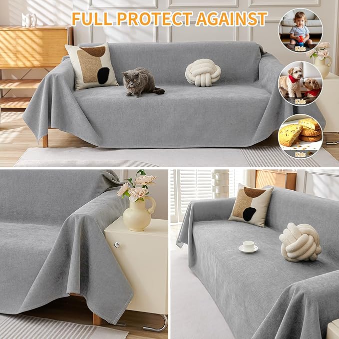 Deep Dream Cat-Scratch Resistant Couch Cover, Waterproof Sofa Cover for 3 Cushion Couch Washable, Pet Friendly Couch Protectors Anti Slip Thickened Sofa Slipcovers for Dogs Pets,91" x 134",Light Grey