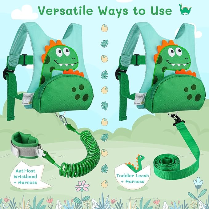 3 in 1 Toddler Harness Leash + 8.2ft Anti Lost Wrist Link, Cute Dinosaur Kids Safety Harness Tether with Key Lock, Child Protective Leashes While Walking for Outdoor Activity Keep Kids Close