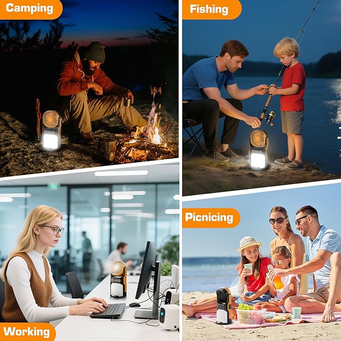 EVERBRITE Rechargeable Camping Lantern with Fan- 4400mAh Power Bank, Camping Fan with 3 Fan Speeds, Portable 1000LM Handheld Light with Hanging Hook for Summer Camping, Hiking, USB Cable Included