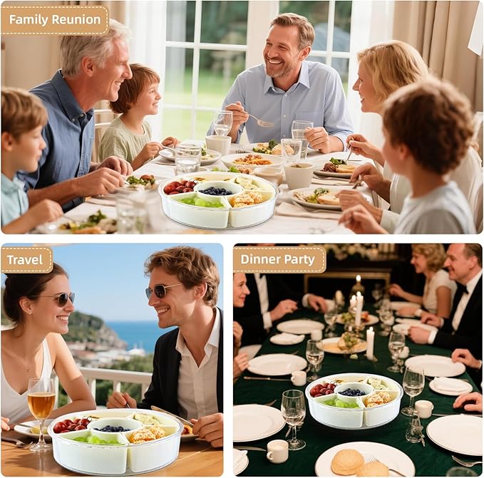 Divided Serving Tray with Lid and Handle，Rotating Snackle Box Container Candy Organizer, Portable Spinning Veggie Tray for Kitchen, Party, Trave and Picnic，Clear Lazy Susan Organizer (white)