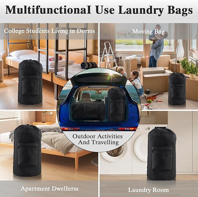 OTraki Backpack Laundry Bag, Large Travel Laundry Bag with Adjustable Shoulder Straps, Portable Heavy Duty Dirty Clothes Laundry Backpack Bag for College Dorm/Laundromat/Apartment, Black