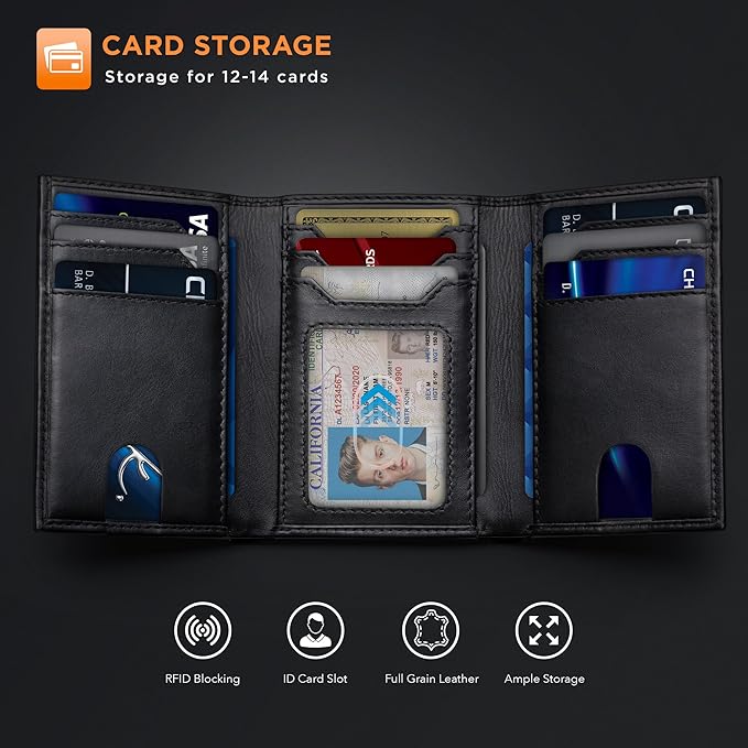 SERMAN BRANDS Trifold Wallet for Men - RFID Blocking Genuine Leather, 11 Card Slots & ID Window, Slim Everyday Carry, Durable Stitching, Gift for Him