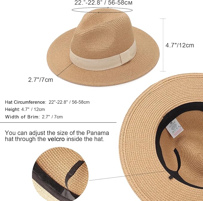 DRESHOW Women Straw Panama Hat Travel Fedora Beach Sun Hat Summer Wide Brim Straw Roll up Hat UPF 50+