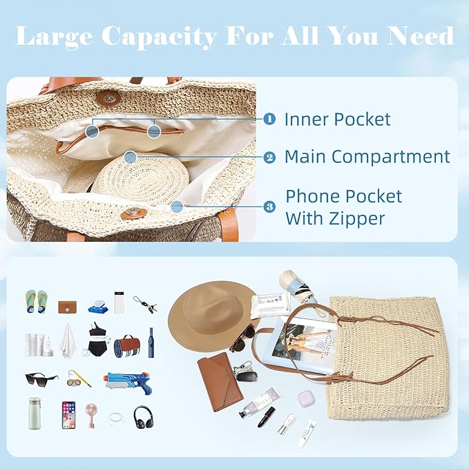 miss fong Summer Beach Bag, Beach Bags for Women,Straw Bag Straw Beach Bag Handmade Woven Tote Bag for Holiday Beach Trips