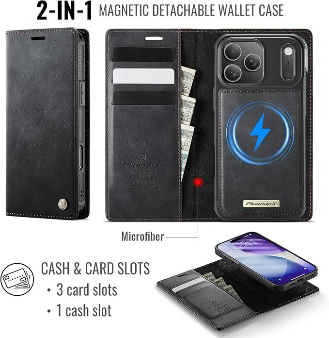 PlusnapX Wallet Case for iPhone 17 Pro Compatible with Magsafe, 2-in-1 PU Leather Flip RFID Blocking Card Holder Stand Shockproof Magnetic Detachable Cover for iPhone 17 Pro Case 6.3", Black