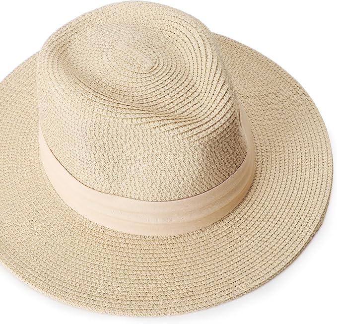 DRESHOW Women Straw Panama Hat Travel Fedora Beach Sun Hat Summer Wide Brim Straw Roll up Hat UPF 50+