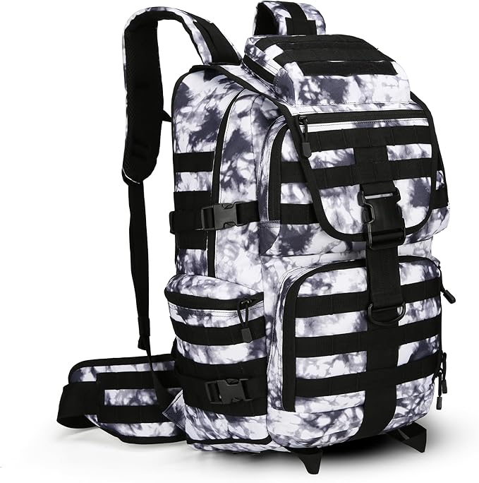 HongXingHai 50L Military Tactical Backpack 3 Day Assault Pack Molle Daypack Hiking Backpack for Men and Women (Black white Tie-Dye)